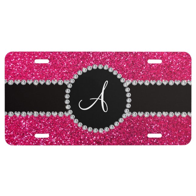 Monogram rose pink glitter diamond circle license plate (Front)