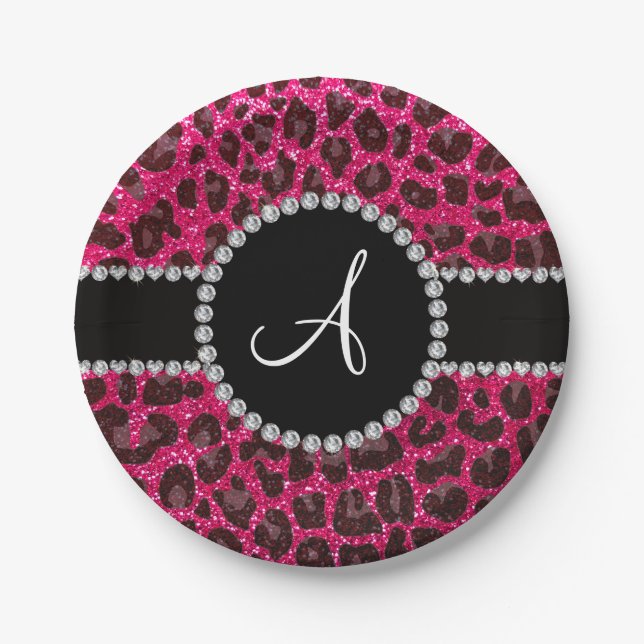 Monogram rose pink glitter leopard paper plates (Front)
