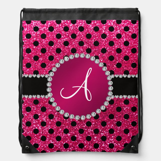 Monogram rose pink glitter polka dots drawstring bag (Front)