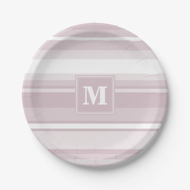 Monogram rose quartz stripes paper plates (Front)
