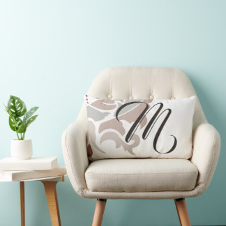 Monogram Rose Taupe Floral Damask Lumbar Pillow