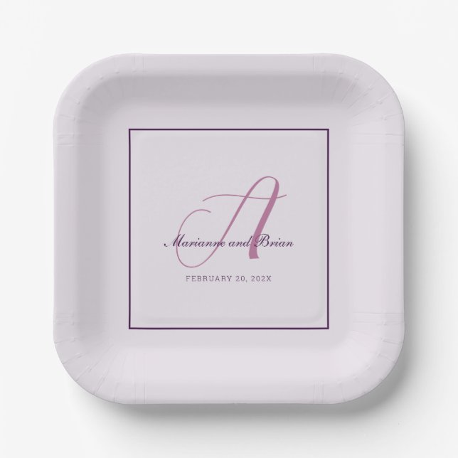 Monogram Rose Violet, Lavender, and Alice Purple Paper Plates (Front)