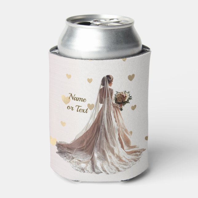 Monogram Rose Winter Wedding Bride Golden Hearts Can Cooler (Can Front)