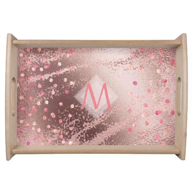 Monogram ROSEGOLD Metallic Foil Confetti Look Serving Tray (Front)