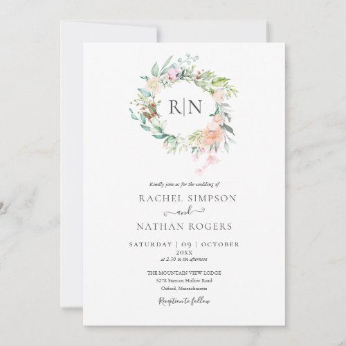 Monogram Roses Greenery Floral Wedding Invitation