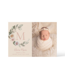 Monogram Roses Photo Baby Birth Announcement