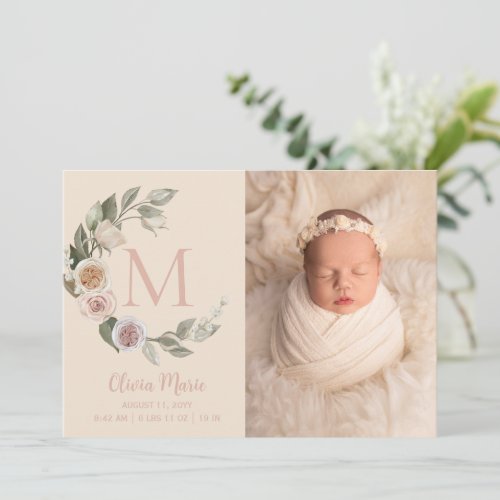 Monogram Roses Photo Baby Birth Announcement