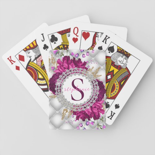 Monogram Roses Pink Burgundy Diamonds Elegant Poker Cards