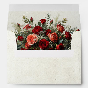 Monogram, Roses & Ribbon - Red Wedding Envelope