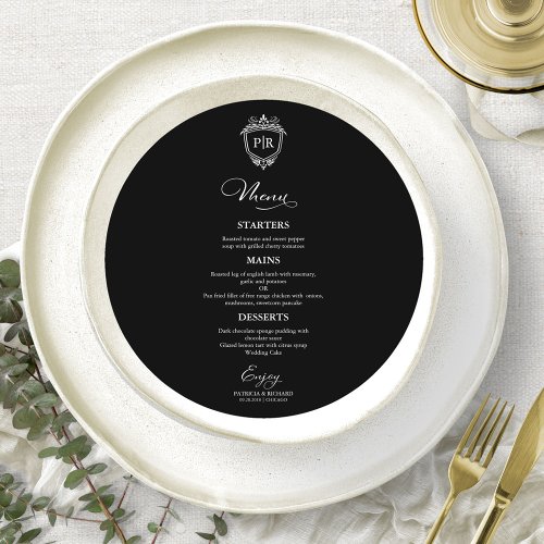 Monogram Round Wedding Menu Cards Black And White 