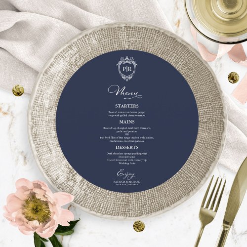 Monogram Round Wedding Menu Cards Navy Blue