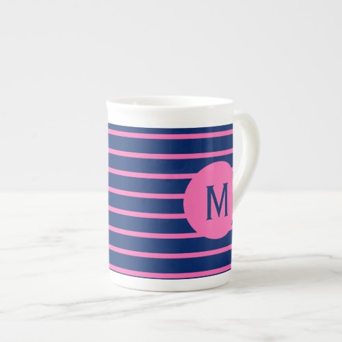 Monogram Royal Blue and Hot Pink Stripes Bone China Mug