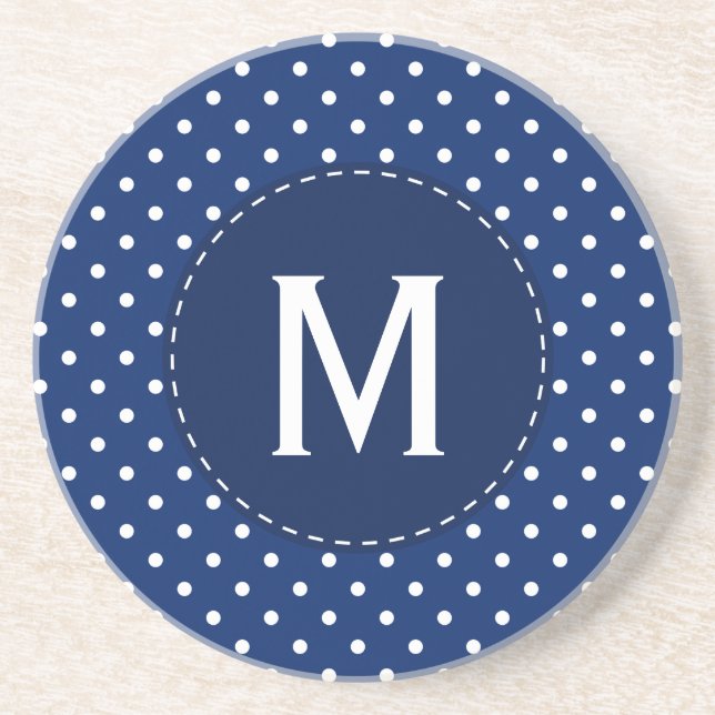 Monogram Royal Blue and White Polka Dot Pattern Drink Coaster (Front)