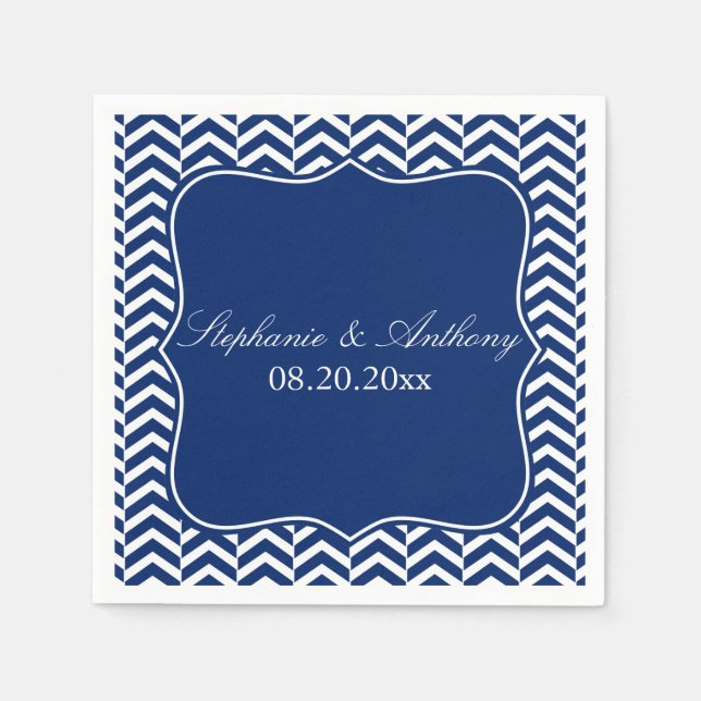 Monogram Royal Blue Chevron Pattern Wedding Napkins (Front)