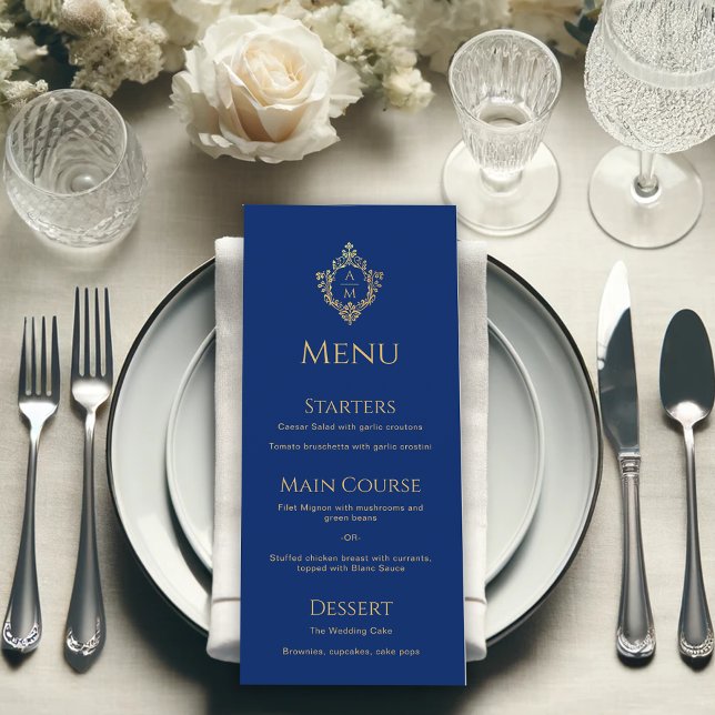 Monogram Royal Blue Faux Gold Foil Crest Wedding Menu (Creator Uploaded)