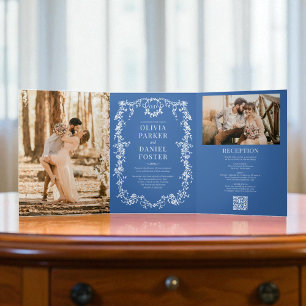 Monogram Royal Blue French Victorian Photo Wedding Tri-Fold Invitation