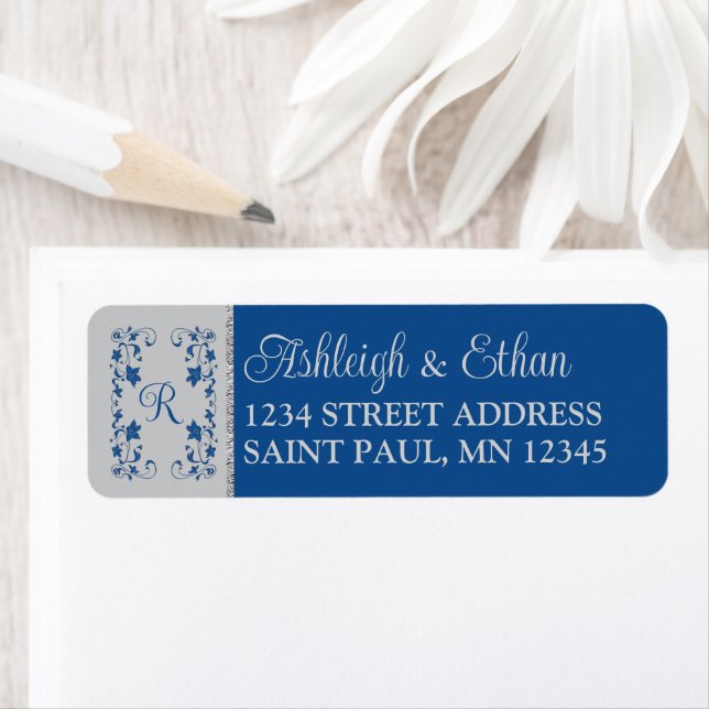 Monogram Royal Blue, Gray Floral Wedding Address Label (Insitu)