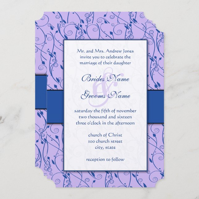 Monogram Royal Blue Lilac Swirl Wedding Invitation (Front/Back)