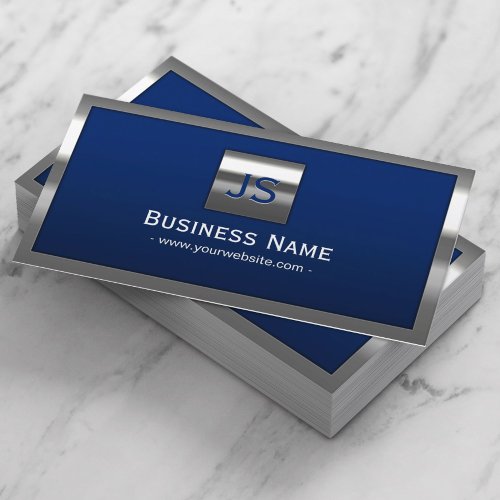 Monogram Royal Blue Modern Metal Frame Business Card