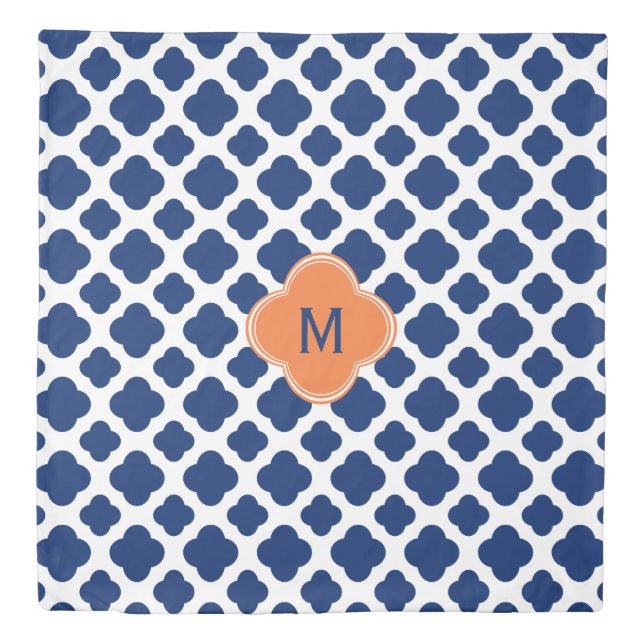 Monogram Royal Blue Quatrefoil Pattern with Orange Duvet Cover (Front)