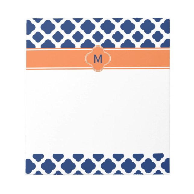 Monogram Royal Blue Quatrefoil Pattern with Orange Notepad (Front)