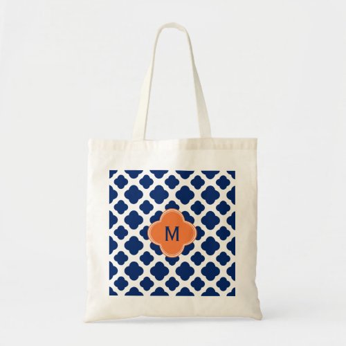 Monogram Royal Blue Quatrefoil Pattern with Orange Tote Bag