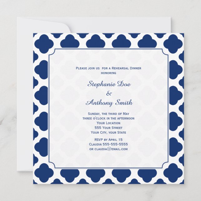 Monogram Royal Blue Quatrefoil Rehearsal Dinner Invitation (Front)