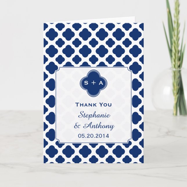 Monogram Royal Blue Quatrefoil  Wedding Thank You (Front)