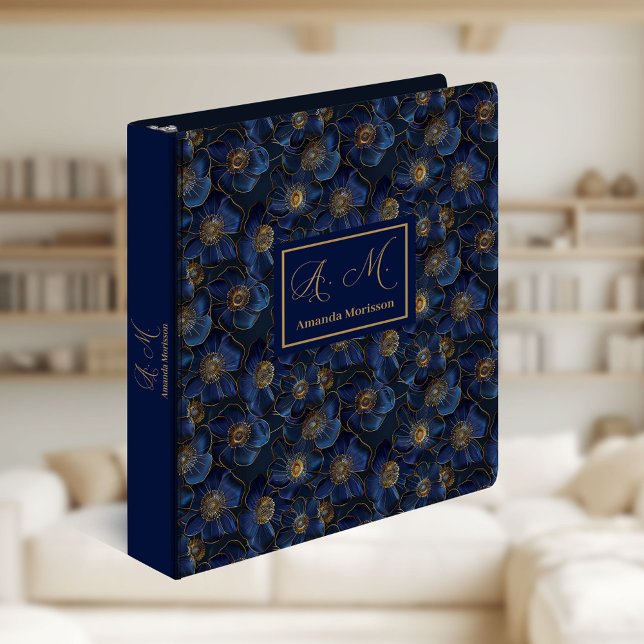 Monogram Royal Blue Ring Binder Gold Flowers (Monogram Royal Blue Ring Binder Gold Flowers)
