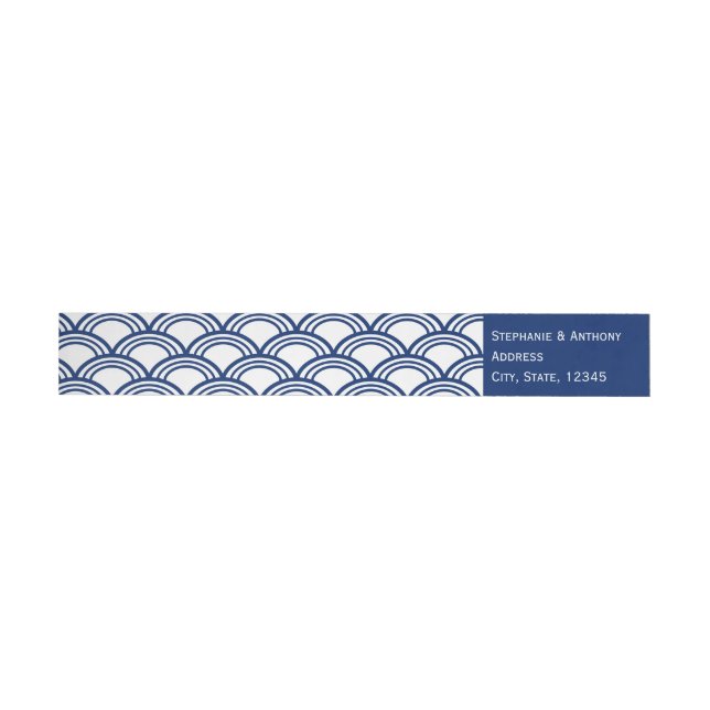 Monogram Royal Blue Seigaiha Pattern Wedding Wrap Around Label (Individual)