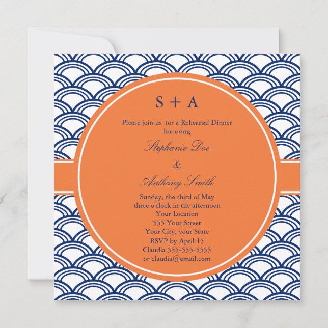 Monogram Royal Blue Seigaiha Pattern with Orange Invitation (Front)
