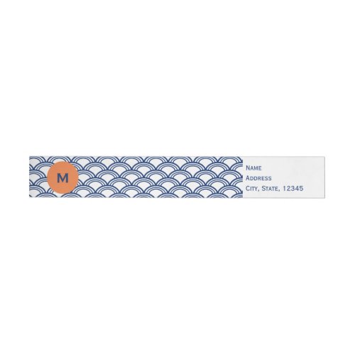 Monogram Royal Blue Seigaiha Pattern with Orange Wrap Around Address Label