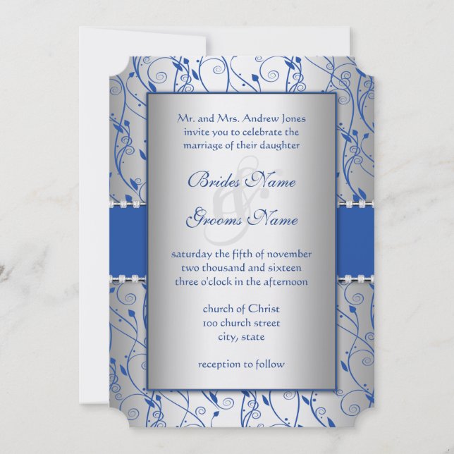 Monogram Royal Blue Silver Swirl Wedding Invitation (Front)