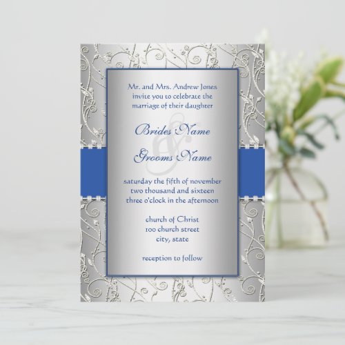 Monogram Royal Blue Silver Swirl Wedding Personalized Announcement