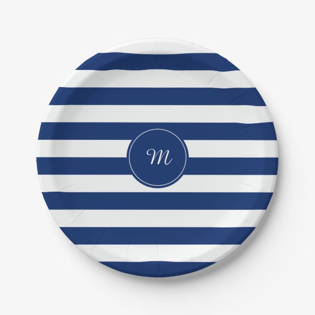 Monogram Royal Blue Striped Paper Plates (Front)