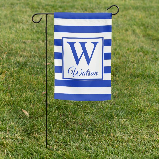 Monogram Royal Blue Stripes Summer Family Garden Flag (In SItu)