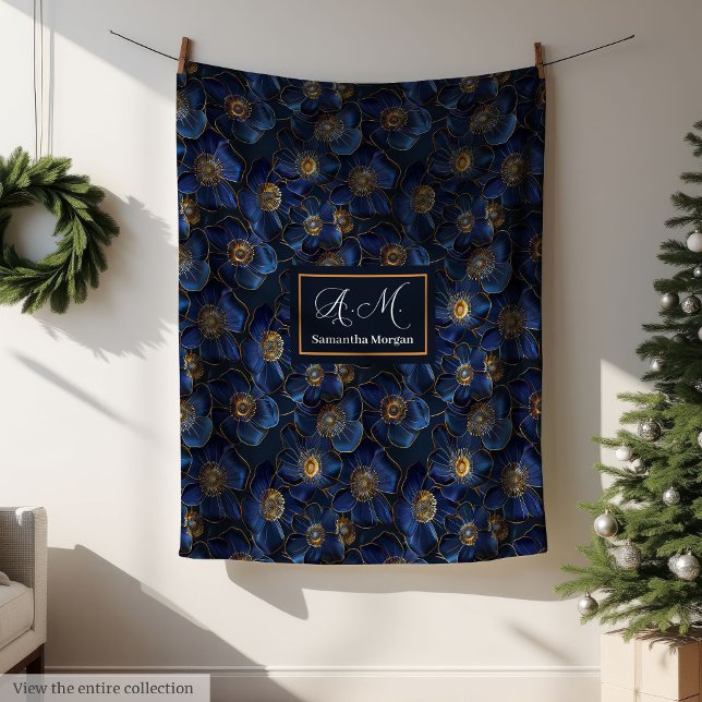 Monogram Royal Blue Throw Modern Gold Flowers Fleece Blanket (Monogram Royal Blue Throw Modern Gold Flowers)
