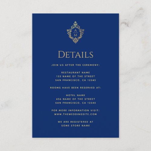 Monogram Royal Blue Wedding Details Gold Crest  Enclosure Card