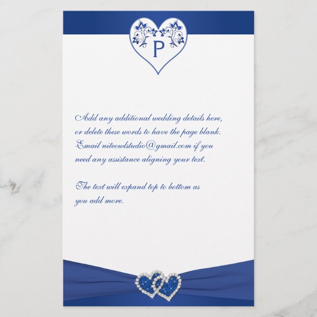 Monogram Royal Blue White Floral Hearts Stationery (Front)