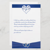 Monogram Royal Blue White Floral Hearts Stationery (Front/Back)