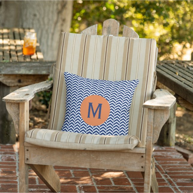 Monogram Royal Blue with Orange Chevron Pattern Outdoor Pillow (Chair)