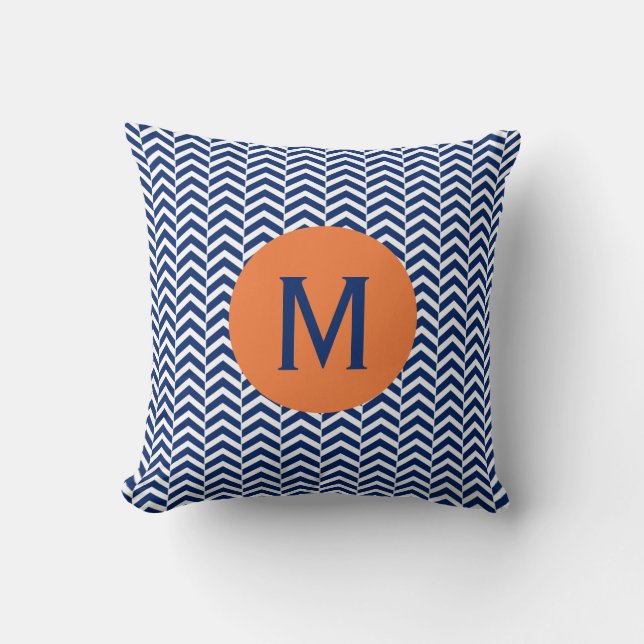 Monogram Royal Blue with Orange Chevron Pattern Throw Pillow (Front)