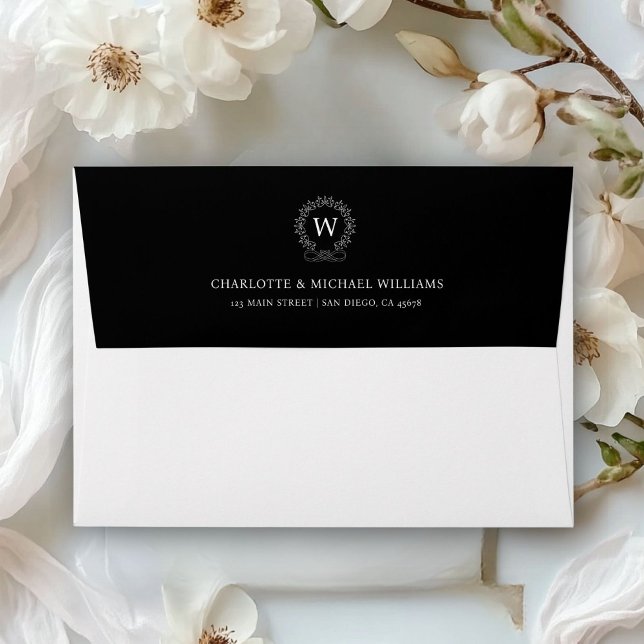 Monogram, Royal, Elegant, Wedding Envelope (Monogram, Royal, Elegant, White+Black, Wedding Envelope with your name and date)