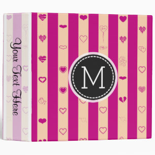 Monogram Royal Fuchsia Stripe Elegant Modern Heart 3 Ring Binder