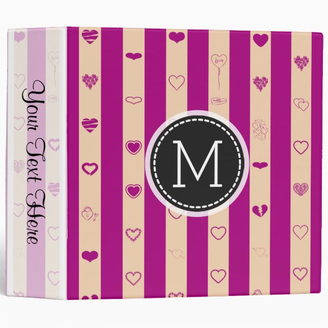 Monogram Royal Fuchsia Stripe Elegant Modern Heart 3 Ring Binder (Front/Spine)