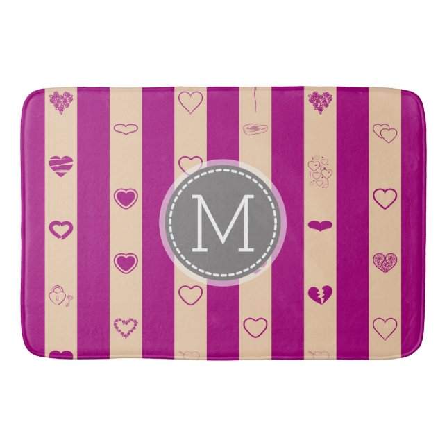 Monogram Royal Fuchsia Stripe Modern Heart Pattern Bathroom Mat (Front)