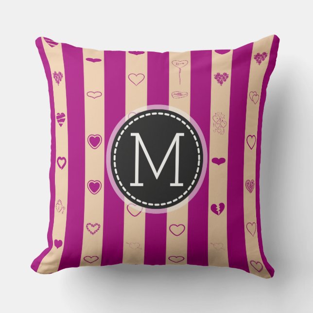 Monogram Royal Fuchsia Stripe Modern Heart Pattern Throw Pillow (Front)