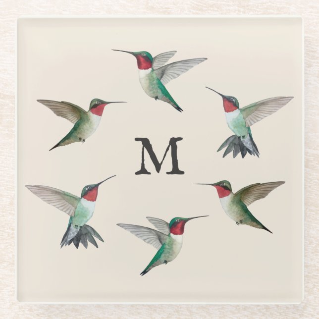 Monogram Ruby-throated Hummingbirds Glass Coaster (Front)