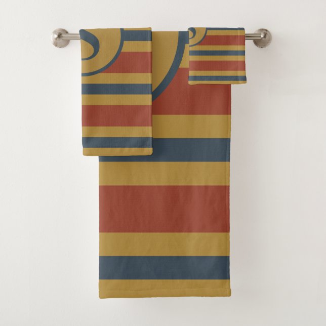 Monogram Rust Mustard Yellow Navy Blue Stripes Bath Towel Set (Insitu)