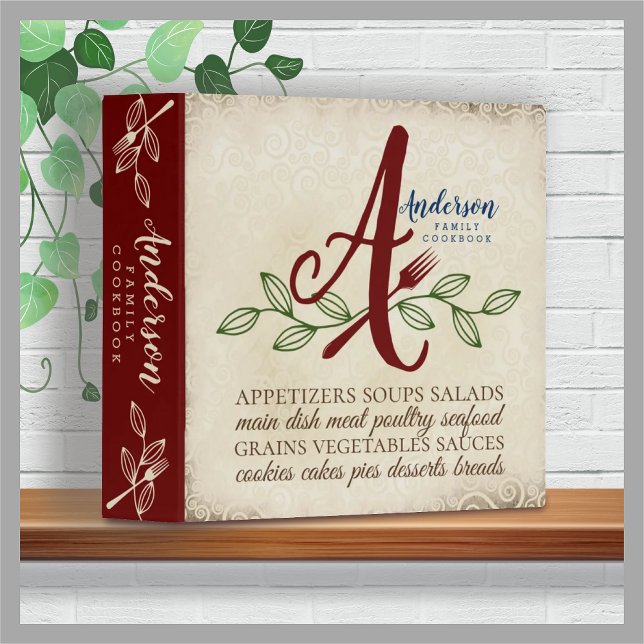 Monogram rustic aged cookbook personalized recipe 3 ring binder (Creator Uploaded)